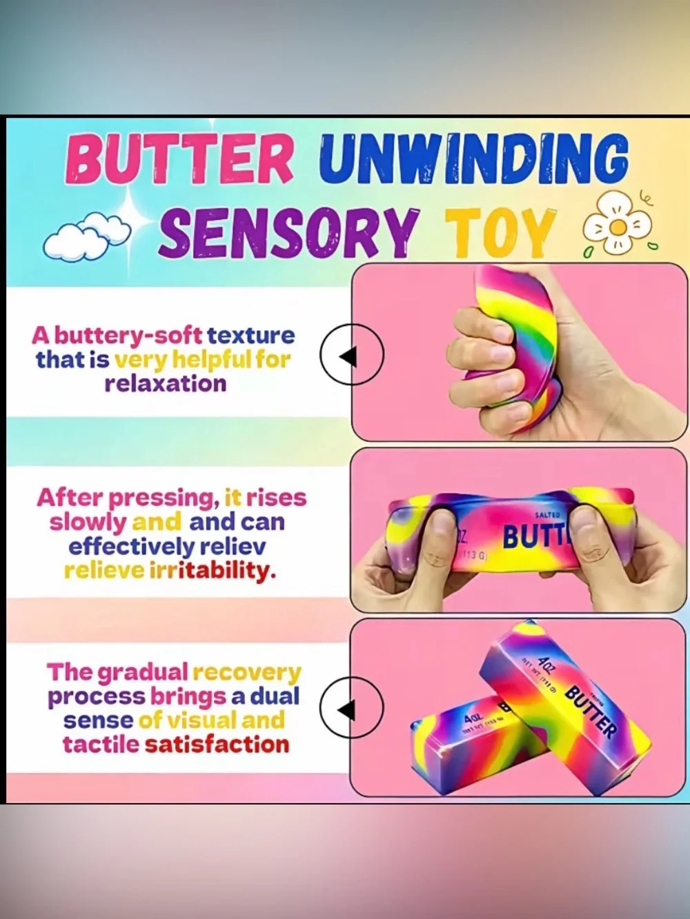 3 Pack Rainbow Butter Stick Squishy Toy Slow Rising Stress Relief Squeeze Toy⁠